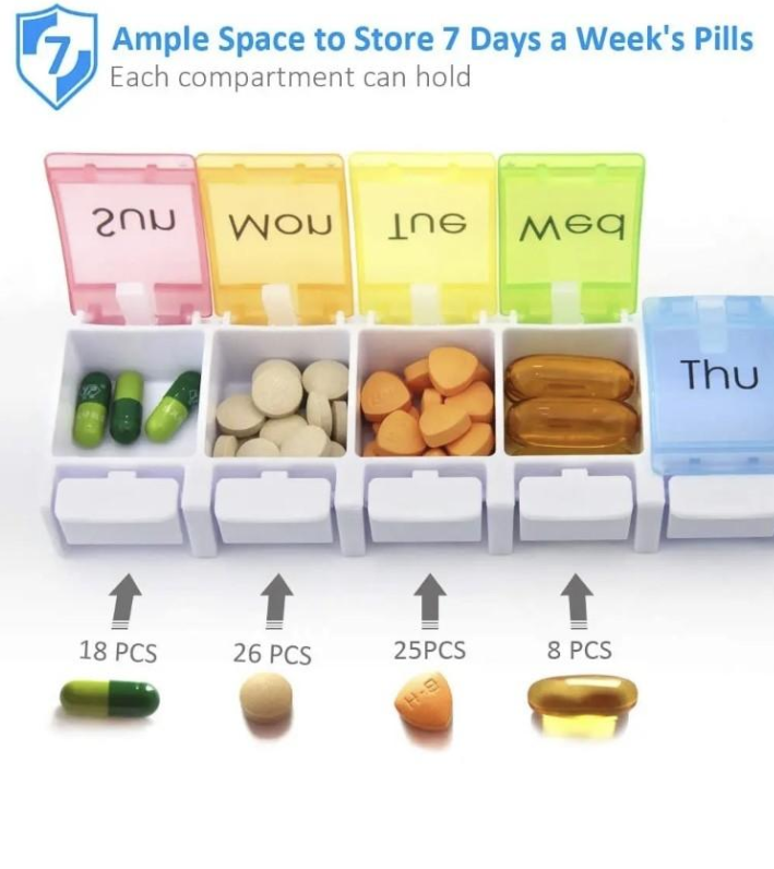 1 Pillendoosje voor de hele week, voor medicijnen en vitaminepillen