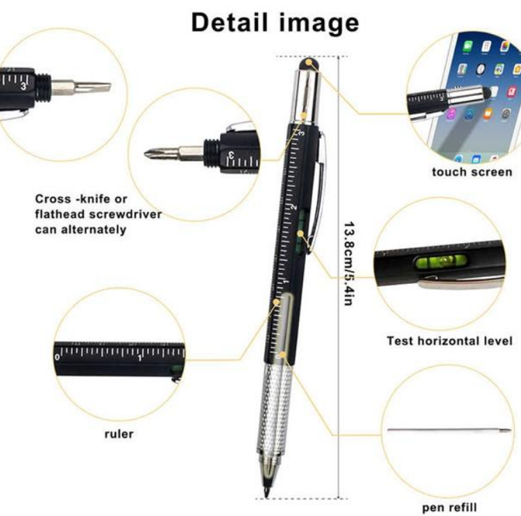 6 in 1 Multitool pen – zwart